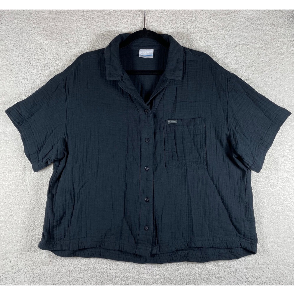 columbia holly hideaway breezy ss camp button down L 100% cotton black dbl gauze